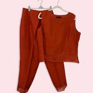 Anne Karson 100% Silk Orange Floral Embroidered Pant Set — Top 16 / Pants 14